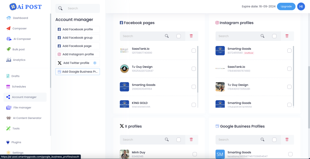 Social Account Manager | Connect to your Pages